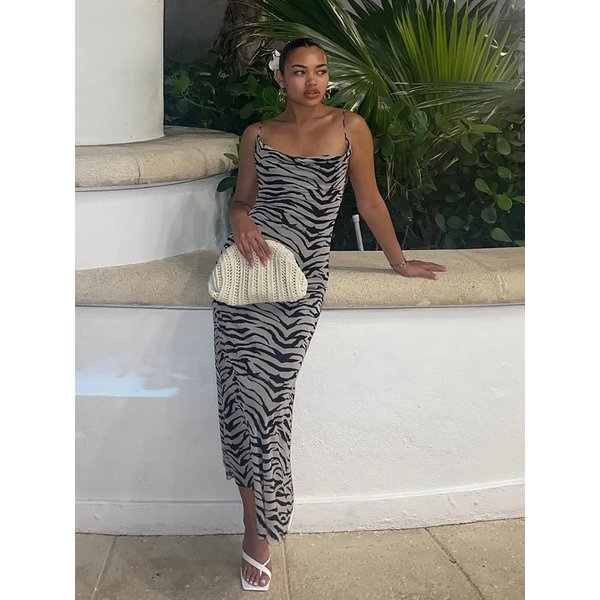 2025 Elegant Woman Vintage Slim Casual Beach Party Long Dress Women Leopard Print Sleeveless Backless Suspender Dress