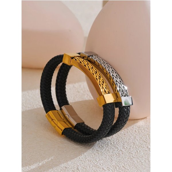 70mm Personalized Stainless Steel Leather Metal Chain Wide Bracelet Bangle Men Jewelry Gifts for Husband and Boyfriend
