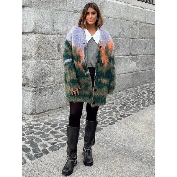 Fall Female Casual Printed Knitted Cardigan Colorful Loose V Neck Long Sweater High Street Fashion Woman's Vintage Coat
