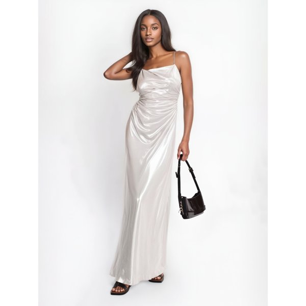 Women's 2025 Spring Elegant Evening Party Suspender Dresses Fashion Solid Pleated Metallic Foil Backless Lined Dress