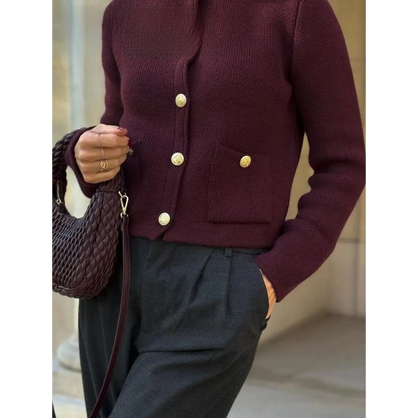 Female Chic Coats Wine Red O-Neck Long Sleeves Pockets Single Breasted Cardigans Autumn Knitted Tops Woman 2025 Trendy