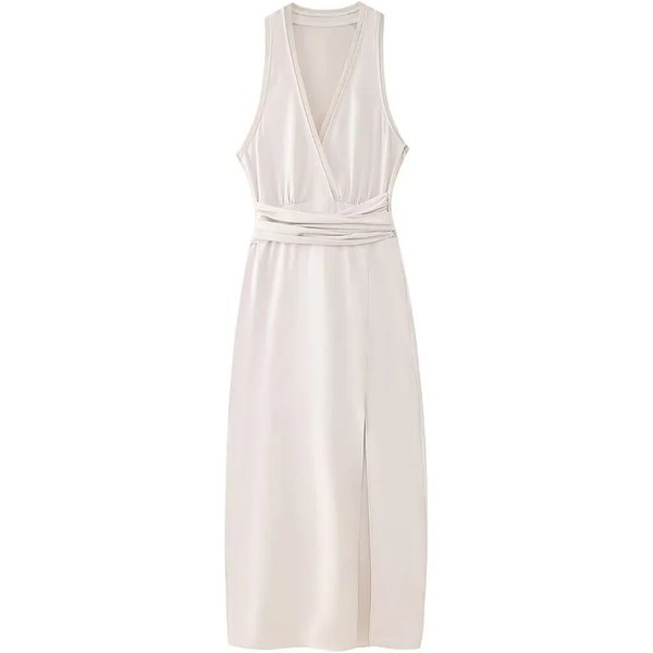 2025 Woman Sexy Zipper Slit Hem Splicing Belt Decorate Party Dresses Women Chic Sleeveless V-Neck Long Dresses