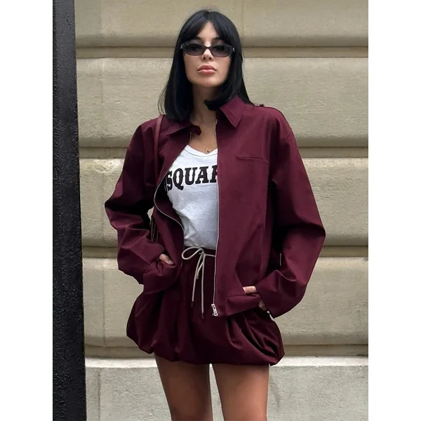 Women's Autumn Fashion 2-Piece Set Wine Red Turn-Down Collar Long Sleeves Zipper Jacket+Elegant High Waist Lace-Up Skirts