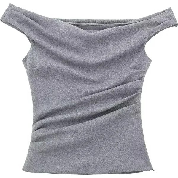 Ruched Grey Crop Top Women Off Shoulder Youth Blouses Woman Sleeveless Pleated Cropped Blouse Female Striped Bodycon Top