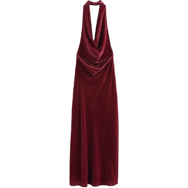 Woman Summer Red Velvet Long Evening Party Dresses Women Fashion Sleeveless Backless Halter Neck Sexy Ruched Midi Dress