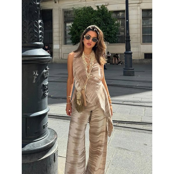 Fashion Women Sleeveless Backless Halter Neck Tie Dye Top+High Waist Drawstring Loose Long Pant 2 Piece Set Mujer