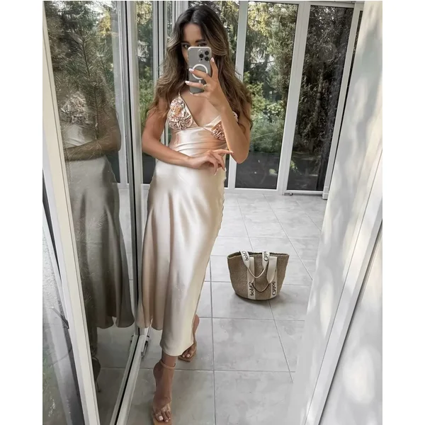 Brangdy 2025 Women's Silk Satin Dress Dresses on Sale Clearance Sexy Costume Long Robe Femme Elegant Fashion Summer Party