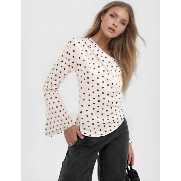 Women's Fashion Shoulder Padded Polka Dot Print Asymmetric Top Female Elegant Zipper Single Shoulder Sleeve Casual Top