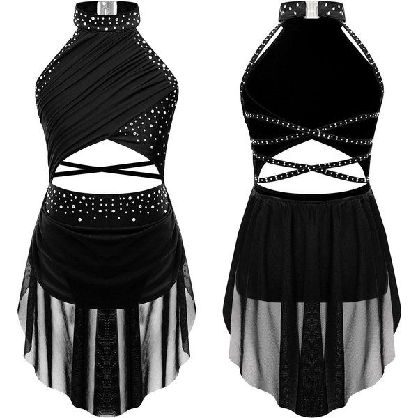 DziecięCe DziewczęCe Liryczne WystęPy Taneczne Kostium łYżWiarstwo Figurowe Balet Gimnastyka Trykot Sukienka Bez RęKawóW Rhinestone Dancewear 9-10 Years Czarny-image