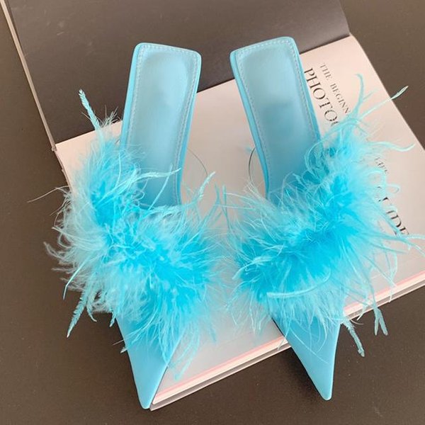 Liyke Fashion - Zapatillas De TacóN Bajo Y Fino Para Mujer, Zapatos Transparentes De Pvc, Sandalias De Verano Con Plumas Mullidas Moradas 36 Blue-image