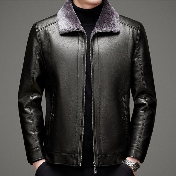 Invierno Piel SintéTica Todo En Uno Chaqueta De Cuero Genuino Para Hombre Chaqueta De Piel De Oveja MáS Terciopelo Engrosada Casual Suelta Mediana Edad Y Ancianos 4XL Black-image