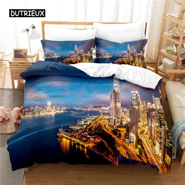 Miasto Nad Morzem 3D PośCiel Rozmiar Queen Poszewka Na KołDrę Nadruk Cyfrowy Modny Design PośCiel MięKka Wygodna AU Single(140X210Cm)-image