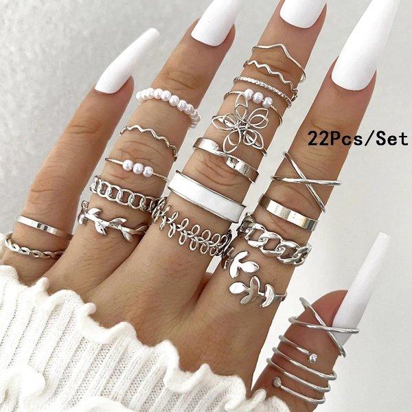 Juego De 23 Anillos De Nudillo De Moda Para Mujer Cristal Estrella Luna Ojo Ola Anillos Color Oro JoyeríA De Fiesta Trendy Regalo Brown-image