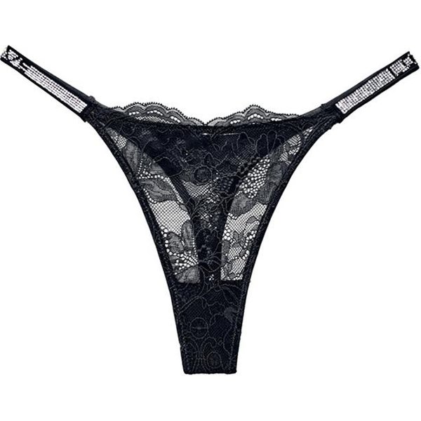 Seksowne Stringi Damskie Stringi Z Litrami Cyrkonii Stringi Niskie Koronkowe Elastyczne Stringi Bikini Bielizna S Czarny-image