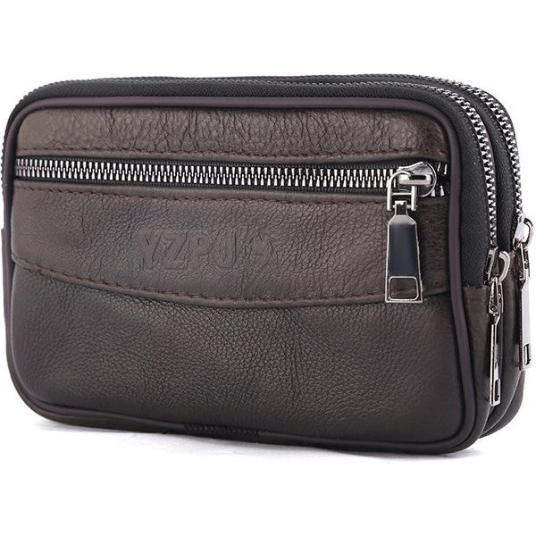 RiñOnera De Cuero Genuino Para Hombre, Doble Cremallera, Multibolsillos, Bolso De CinturóN Para Viajes, Uso Diario Gray-image