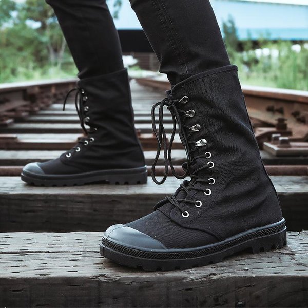 Botas De Hombre, Moda Para Exteriores, Zapatos Casuales Para Hombre, Zapatos De Lona De CañA Alta, Botines, Botas Negras De CañA Alta. 39 Negro-image