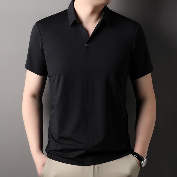 Verano Nuevo Camiseta Polo De Manga Corta Sin Costuras Para Hombres JóVenes Y De Mediana Edad, Camiseta De Color SóLido Con Cuello En V EláStica De Estilo Coreano A La Moda 3XL-image