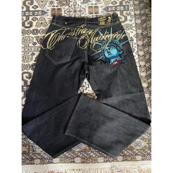 Vibestreet Vintage Statua WolnośCi Jeansy Z Diamentami Codzienne Jeansowe Spodnie Wysoki Stan Proste Szerokie Nogawki Jeansy Harajuku Y2K Lata 2000 Odzież Damska XL Black-image