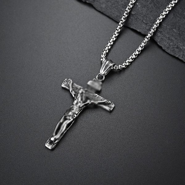 Collar De Acero Inoxidable Con Cruz Estilo Retro Europeo Y Americano Tendencia ArtíStica Hip Hop Rap Gray-image