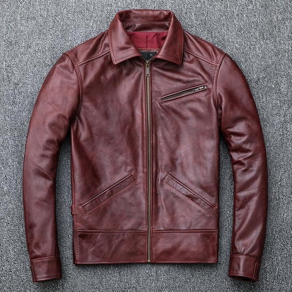 Chaqueta De Cuero Genuino Para Hombre, Chaqueta De Motociclista De Primera Capa De Piel De Vaca Con Solapa Retro NostáLgica M Gray-image