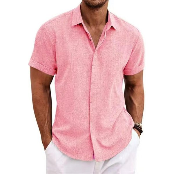 Camiseta De Lino De Manga Corta Para Hombre Camiseta Interior Holgada De Color SóLido Camisa De Manga Corta De AlgodóN Y Lino Camisa De Manga Corta Para Hombre De Playa Tallas Grandes L Color Rosa-image