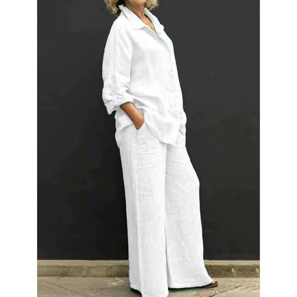 Lniany Zestaw DwuczęśCiowy Z Klapami Jesień Vintage Jednolity Kolor DłUgi RęKaw Koszula Zapinana Na Guziki Bluzka Kobiety Casual LuźNy Prosty Garnitur Spodnie Xxxxxl-image