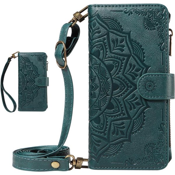 SkóRzany Portfel Z WytłOczoną Mandalą Etui Z Klapką Do Iphone 17 16 15 14 13 12 11 Pro Max 16E 17E 7 8 Plus X XS XR SE 2020 2022 Iphone SE (2022) Zielony-image