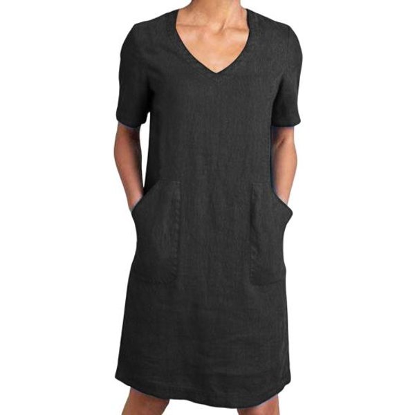 Damska BawełNiano-Lniana Sukienka Koszulowa Letnia Z KróTkim RęKawem Z Dekoltem V Sukienka Midi Casualowa Sukienka Szmizjerka Z Kieszeniami S Black-image