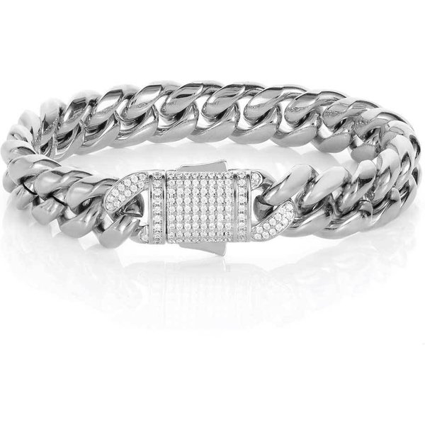 Pulsera De Acero Inoxidable Cadena Cubana Para Hombre Hip Hop Europeo Y Americano Circonita Hebilla De Resorte Pulido Redondo Pulsera De Acero De Titanio Encriptado 18Cm Gray-image