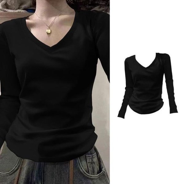 Camiseta De Manga Larga Con Cuello En V Ajustada Para Mujer - Nuevo DiseñO Primavera/OtoñO 2025 L Negro-image