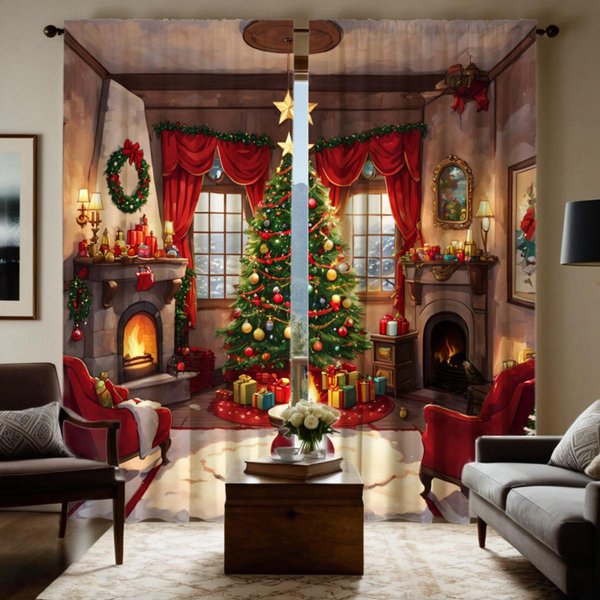 2 Piezas HD Color Rojo Digital ÁRbol De Navidad Cortinas Festivas Estilo DecoracióN Del Hogar DecoracióN Sala De Estar Dormitorio A TravéS De La Ro W52H63Inchw132H160Cm-image