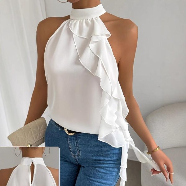 Yyfs Moda Femenina Casual Verano Primavera Color SóLido Estampado Sin Mangas Cuello Medio Alto Blusas Y Camisas M Blanco-image