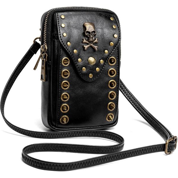 Bolso Bandolera Europeo Y Americano Para Mujer Con Remaches De Calavera Y Funda Para TeléFono MóVil Para Exteriores. Negro-image