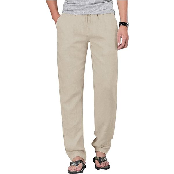 Pantalones De Lino Y AlgodóN Con CordóN Para Hombre, Pantalones De Yoga Con Cintura EláStica, Pantalones De Playa Holgados Y Sueltos, Pantalones Deportivos Para Hombre Xxxl Beige-image