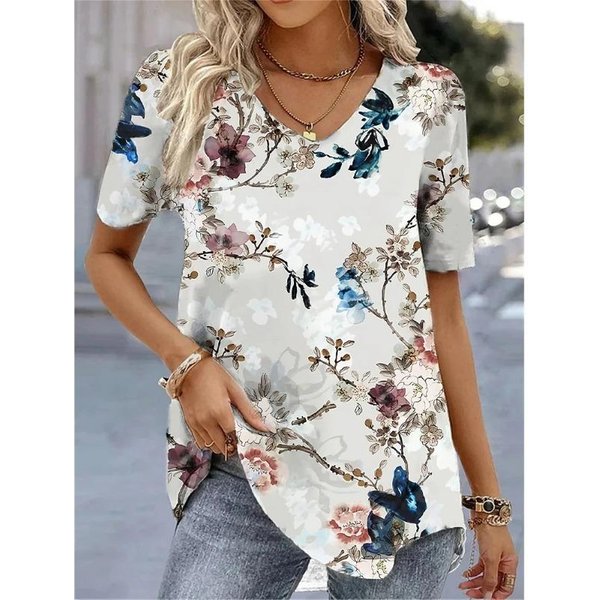 Moda Damska Bluzki T-Shirt Damski 3D Kwiatowy Nadruk BiałY Kawaii Dekolt W Serek T Koszula Odzież Damska Ponadgabarytowe Letnie Topy Tee 2XL Gray-image