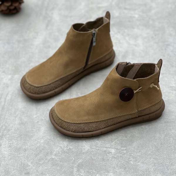 Retro Damskie PłAskie Botki KróTkie Buty Ze SkóRy Naturalnej RęCznie Robione OkrąGłY Nosek Botki Do Kostki 40 Khaki-image