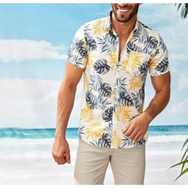 Letnia PlażOwa MęSka Koszula Hawajska Z KróTkim RęKawem I Nadrukiem LiśCi 2XL Beige-image
