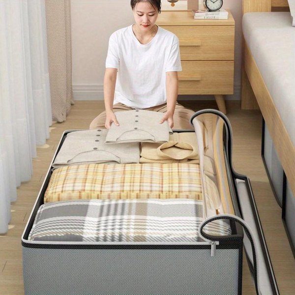 1 Pieza Bolsa De Almacenamiento Debajo De La Cama, Bolsa De Almacenamiento Plana, Caja De Almacenamiento Tipo CajóN, Bolsa Para Organizar El Armario, Bolsa Para Mudanzas, Bolsa De Almacenamiento Transparente Superior Para Ropa/EdredóN L Gris-image