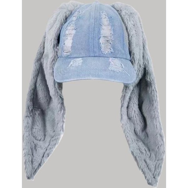 Gorra De BéIsbol Con Visera Y Orejas De Conejo Estilo Dark Punk Vaquera Agujereada Tendencia Para Mujer Cadena Hip-Hop Personalizada Estilo Abby 58 Gray-image