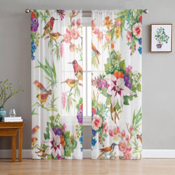 Cortinas Transparentes De Tul Con DiseñO De Flores Y PáJaros Para DecoracióN De Sala De Estar Cortina Para La HabitacióN Dormitorio Cocina Cortinas De Voile Organza 135W X 114H(Cm) White-image