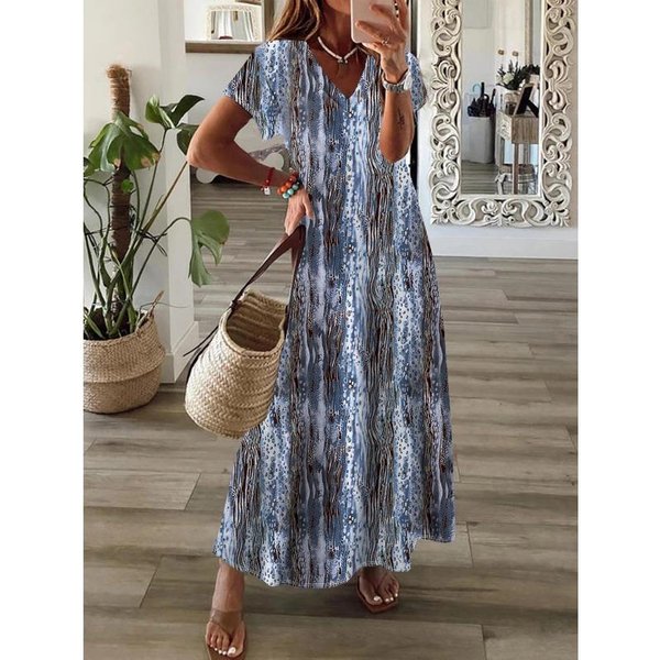 Jkashdk Vestidos Casuales De Cintura Media Con Cuello En V Y Manga Corta Con Estampado De Primavera Y Verano Para Mujer L Gris-image