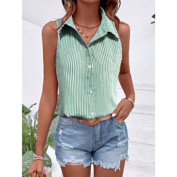 Camisa De Mujer Sin Mangas A Rayas Verdes Y Blancas Con Botones Y Cuello Top Casual De Verano 5XL Gray-image
