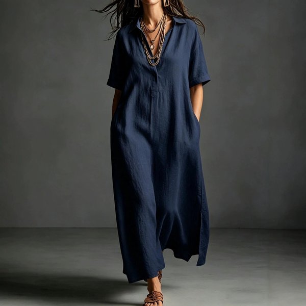 Vestido Largo De AlgodóN Para Mujer Manga Corta Corte Holgado Camisa Casual Cuello En V Botones KaftáN Largo Vestido De Verano Para La Playa Con Bolsillos L Azul Oscuro-image