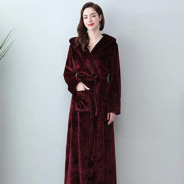 Jesień Zima Nowe Szlafroki Z Polaru Koralowego Szlafrok Z Kapturem Koszula Nocna Kobiety MięKka Odzież Do Spania Dla Zakochanych DłUgi Szlafrok Kimono Gruby Odzież Do Spania L Gray-image