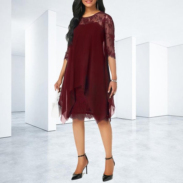 Gmxia Moda Mujer Verano Primavera Elegante Viento Encaje Costura Mangas 3/4 O-Cuello Vestidos Casuales Sueltos XXL-image