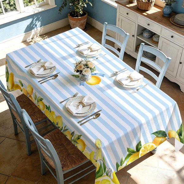 Mantel De Rayas Azules Y Blancas Con Estampado De LimóN Para DecoracióN De Mesa DecoracióN De Fiesta De Verano Estilo Pastoral Frutas De LimóN Mantel Para Mesa De Cocina Comedor 140X140Cm-image