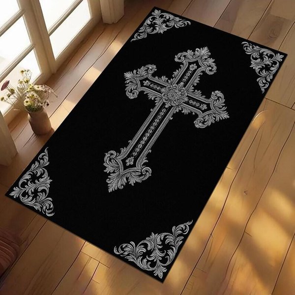 Gotycki Barokowy Krzyż Dywanik Obszarowy, Bogato Zdobiona ChrześCijańSka Mata Dekoracyjna AntypośLizgowy Dywanik Modlitewny Religijny Vintage Dekor Wiary PrawosłAwnej Do Sypialni 80X120Cm-Felt-image