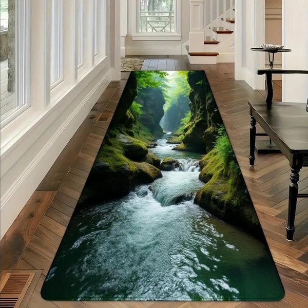 Dywanik Biegacz 3D Krajobraz Wodospadu W Lesie Zmywalny Do Przedpokoju Salonu Sypialni 40X120Cm 16X47Inch Black-image
