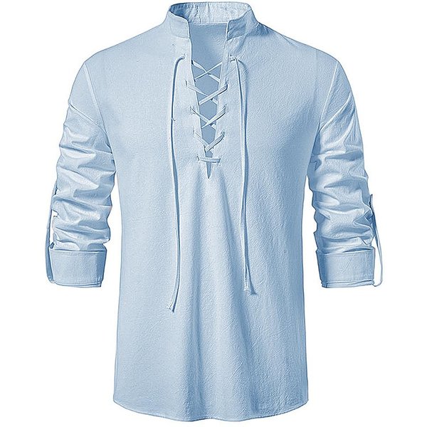 Nowa MęSka Wygodna Bluzka BawełNiana Lniana Koszula Topy Koszulka Z DłUgim RęKawem Wiosna Jesień SkośNa Plisa Vintage Koszulki Do Jogi Xxxl Jasny Kolor Niebieski-image
