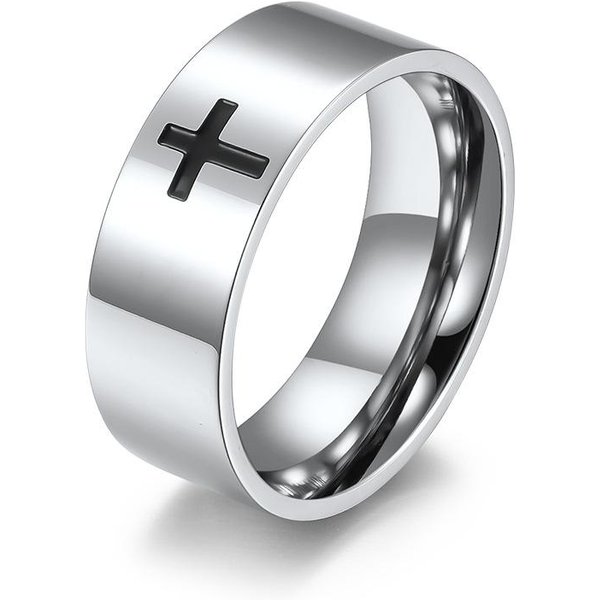JoyeríA Anillo Cruz Simple Acero Inoxidable Cruz Titanio Negro Anillo Para Parejas 10#-image